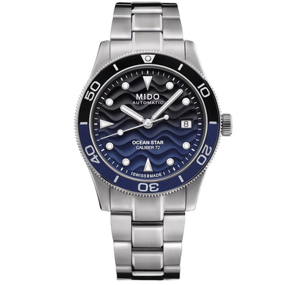 Mido Ocean Star 39mm Blue Automatic Steel Watch with Blue Wave Dial and Elegant Matching Bezel