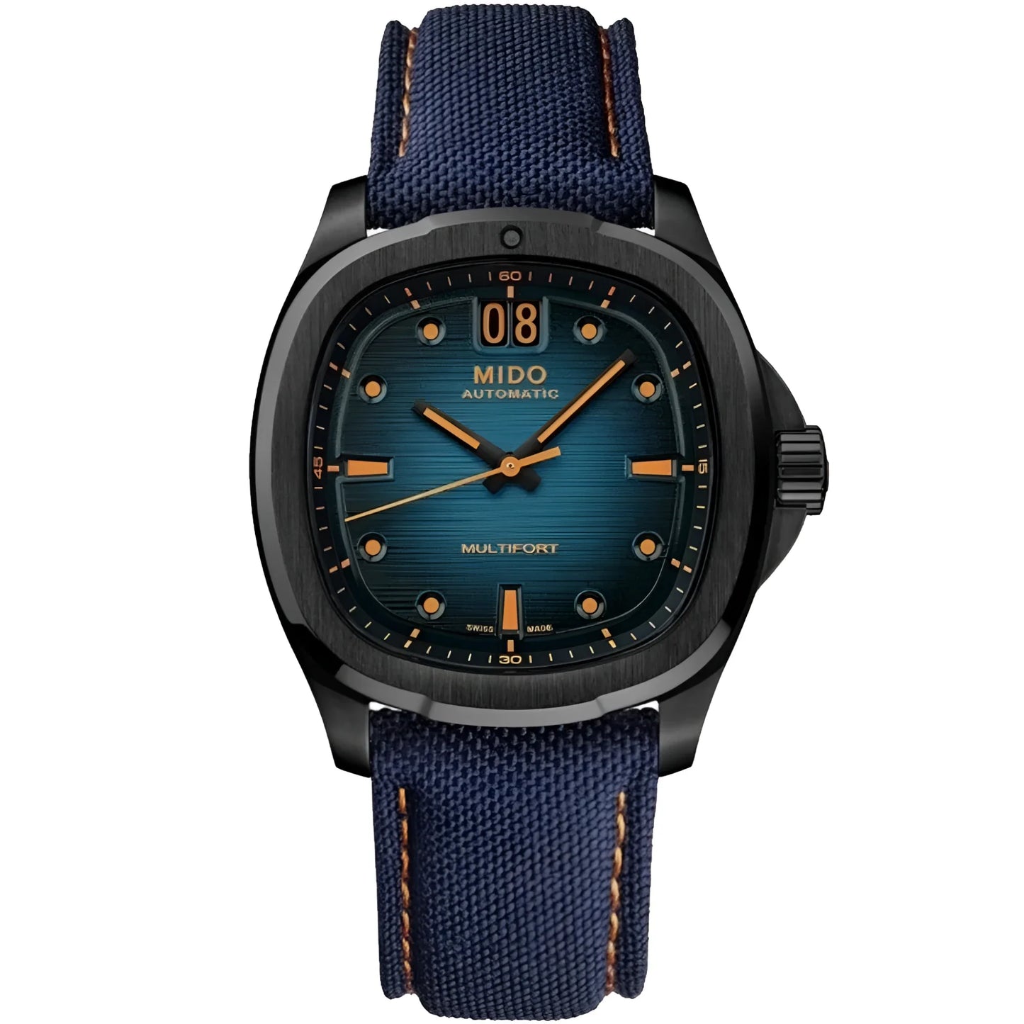 Mido Multifort TV Big Date 39x40mm Blue Automatic Watch with Black PVD Steel Case and Blue Fabric Strap