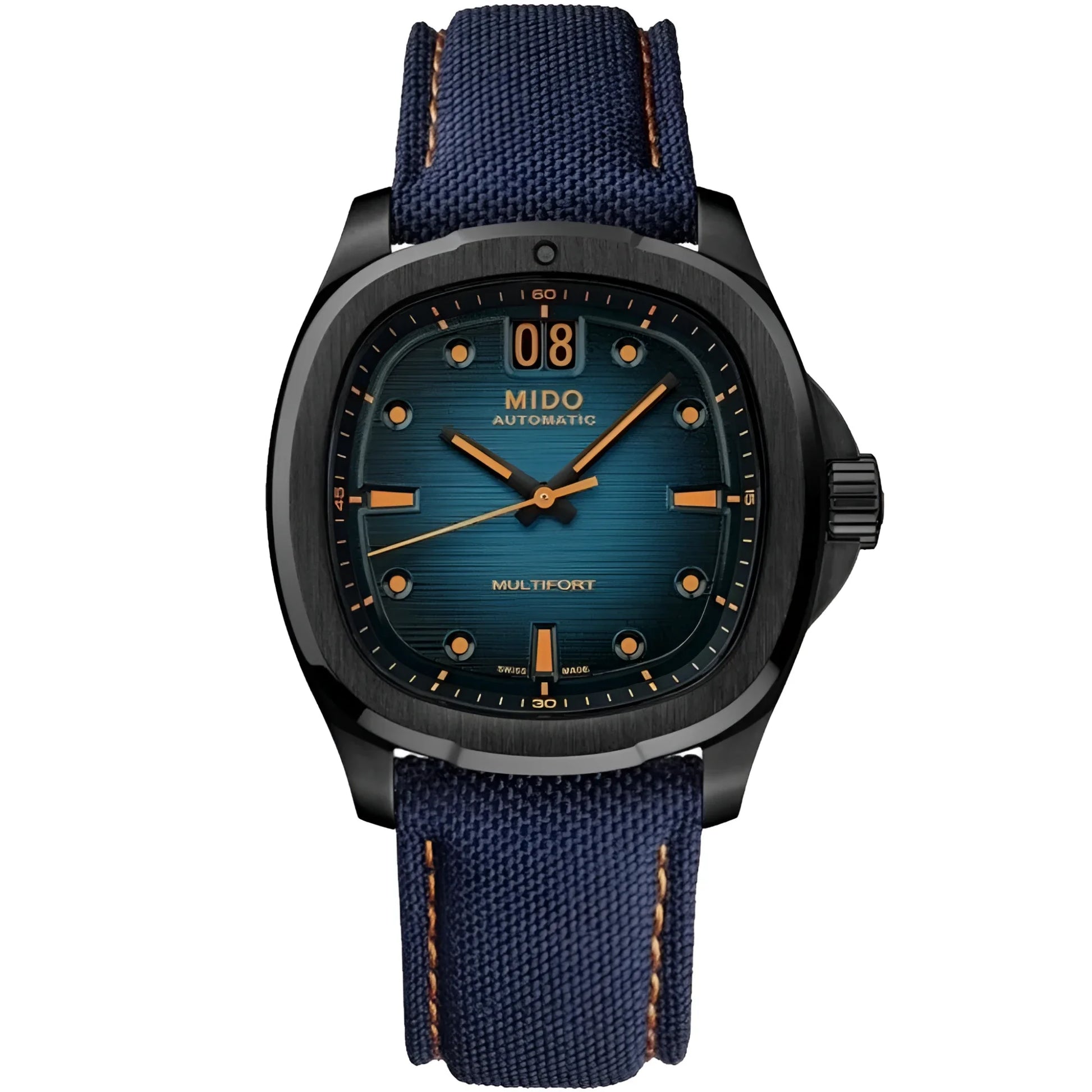 Mido Multifort TV Big Date 39x40mm Blue Automatic Watch with Black PVD Steel Case and Blue Fabric Strap