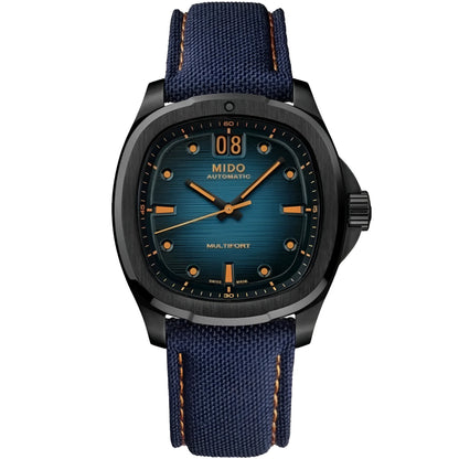 Mido Multifort TV Big Date 39x40mm Blue Automatic Watch with Black PVD Steel Case and Blue Fabric Strap