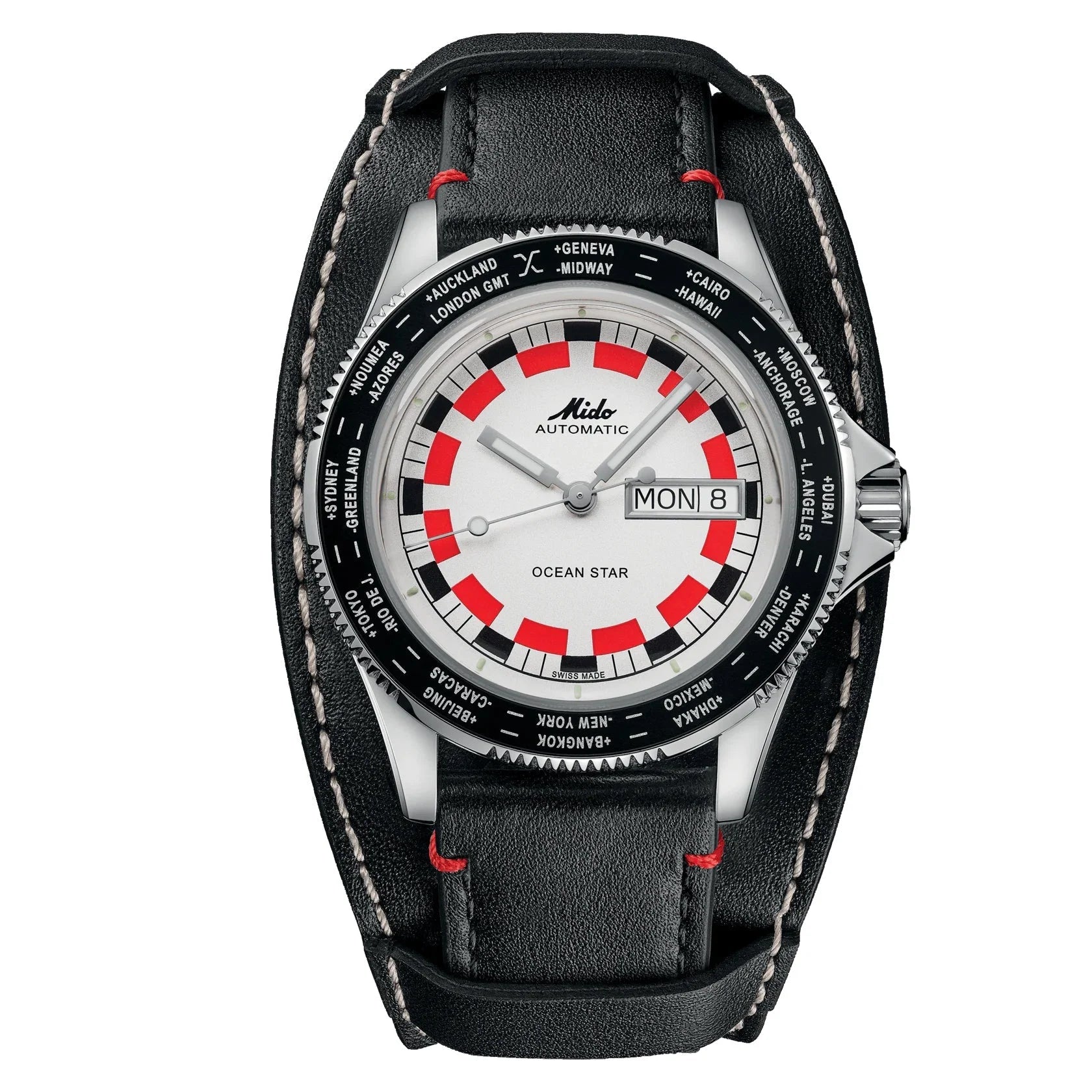 Mido Ocean Star Worldtimer Automatic 40mm Silver Watch with Black Red Dial and Black Leather Strap