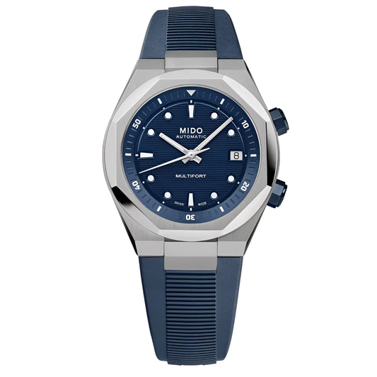 Mido orologio multifort automatico con cassa materiale acciaio, quadrante blu e cinturino in gomma blu navy textured