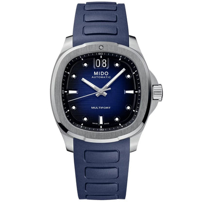 Mido Multifort TV Big Automatic Watch, a beautiful Swiss watch with a steel case and a blue dial with a big date.