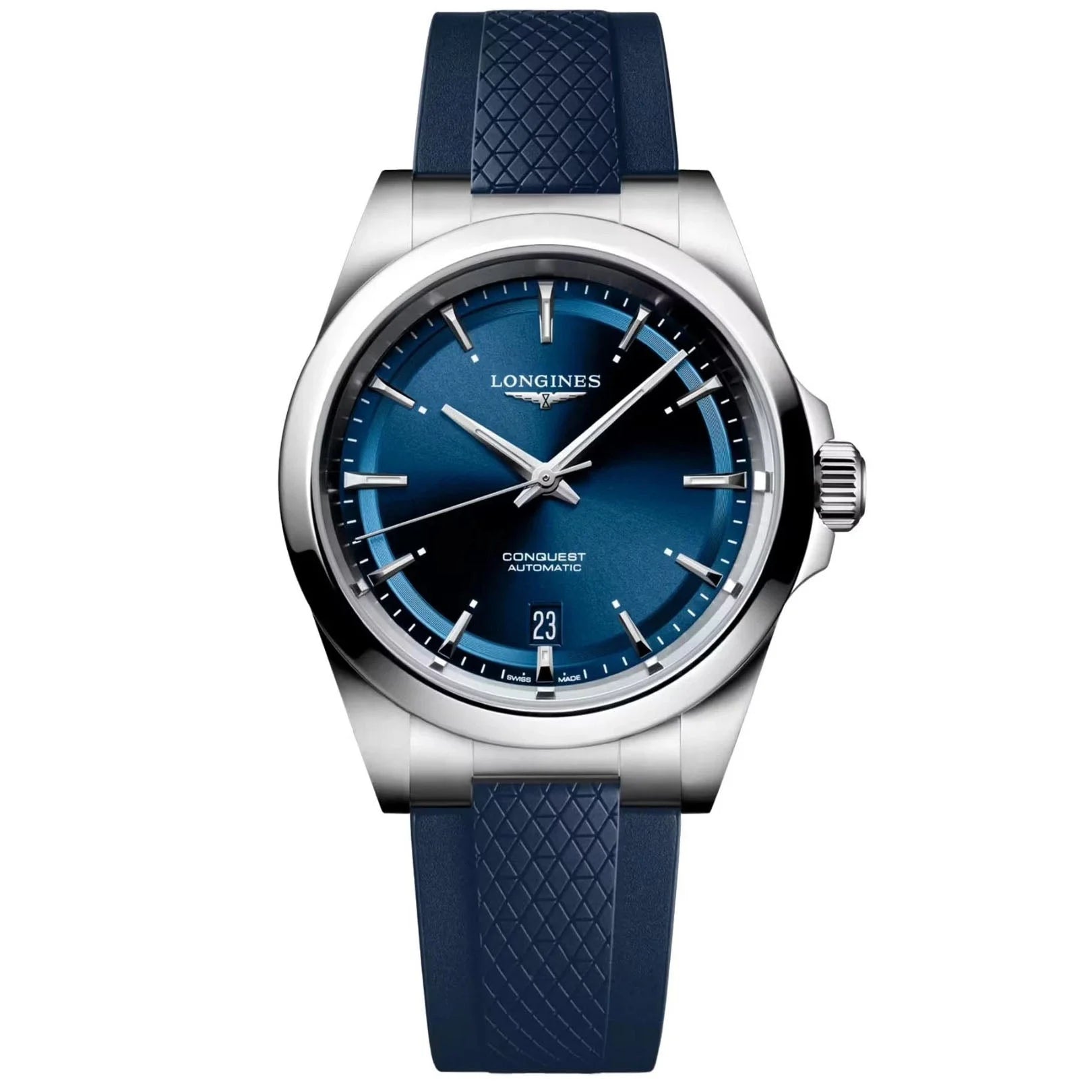 Longines Conquest Automatic 38mm Watch with Gradient Blue Dial and Swiss Federal Office Blue Rubber Strap