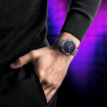 Mido Commander 1959 37mm Black Automatic Steel Watch with Cosmic Purple and Blue Dial and Silver Mesh Bracelet