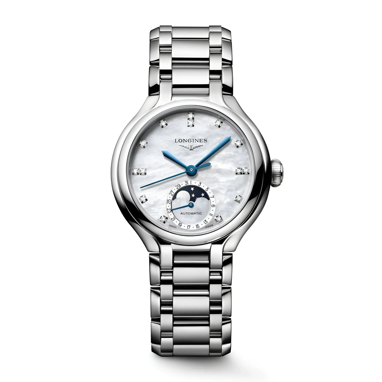 Longines Primaluna 34mm steel watch with mother-of-pearl dial, blue hands and diamond indexes, Primaluna collection