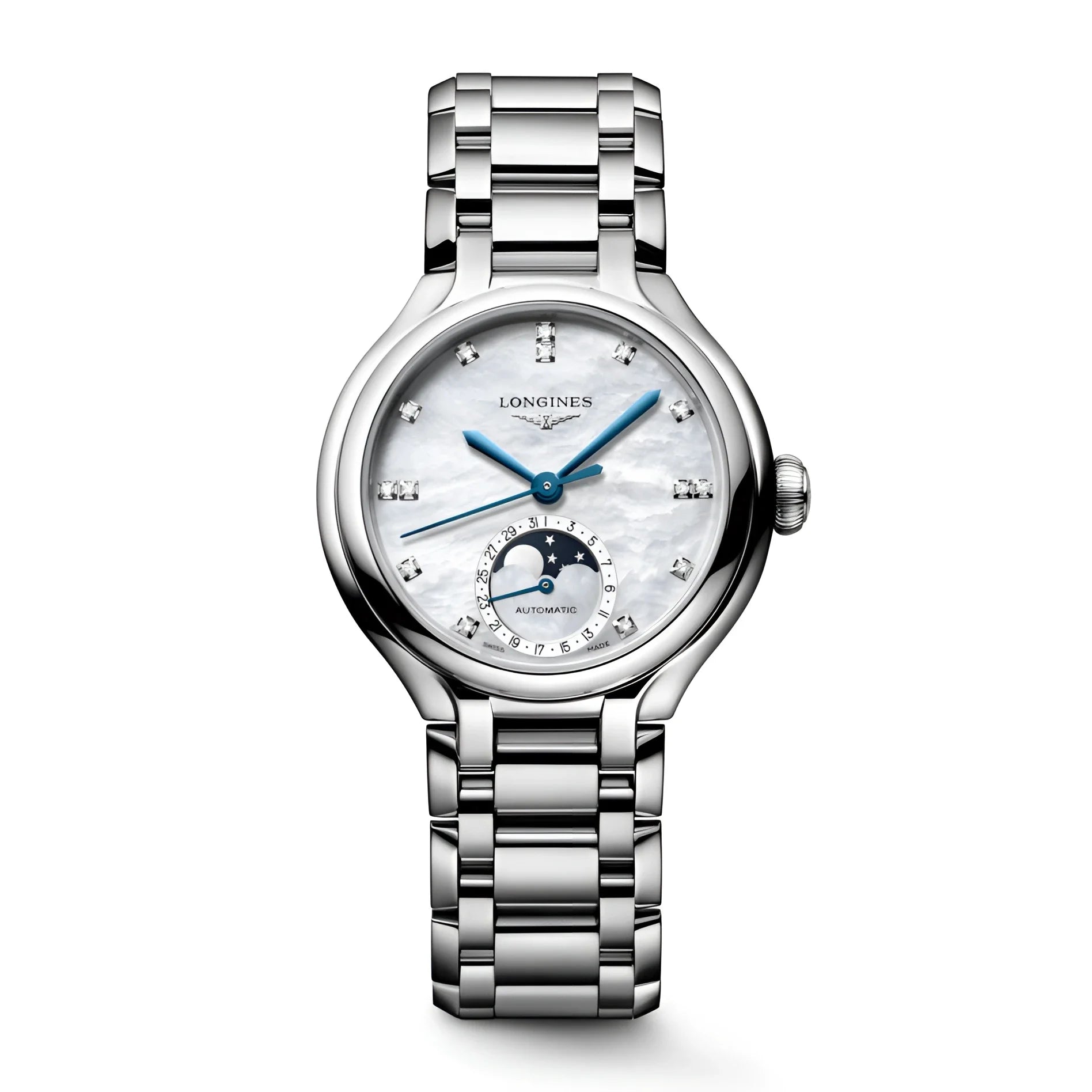 Longines Primaluna 34mm steel watch with mother-of-pearl dial, blue hands and diamond indexes, Primaluna collection