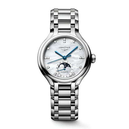 Longines Primaluna 34mm steel watch with mother-of-pearl dial, blue hands and diamond indexes, Primaluna collection