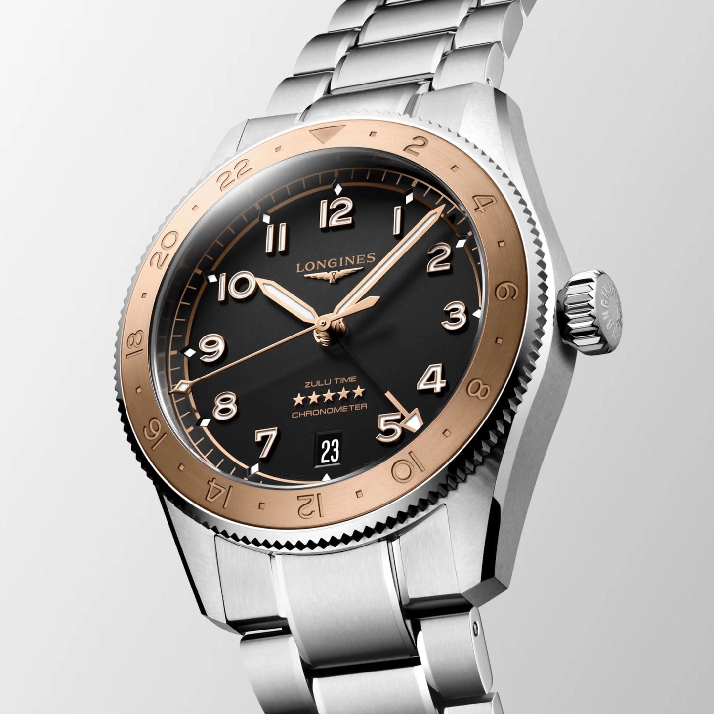 Orologio longines spirit zulu time 1925 39mm nero automatico con quadrante nero, ghiera oro rosa e bracciale acciaio
