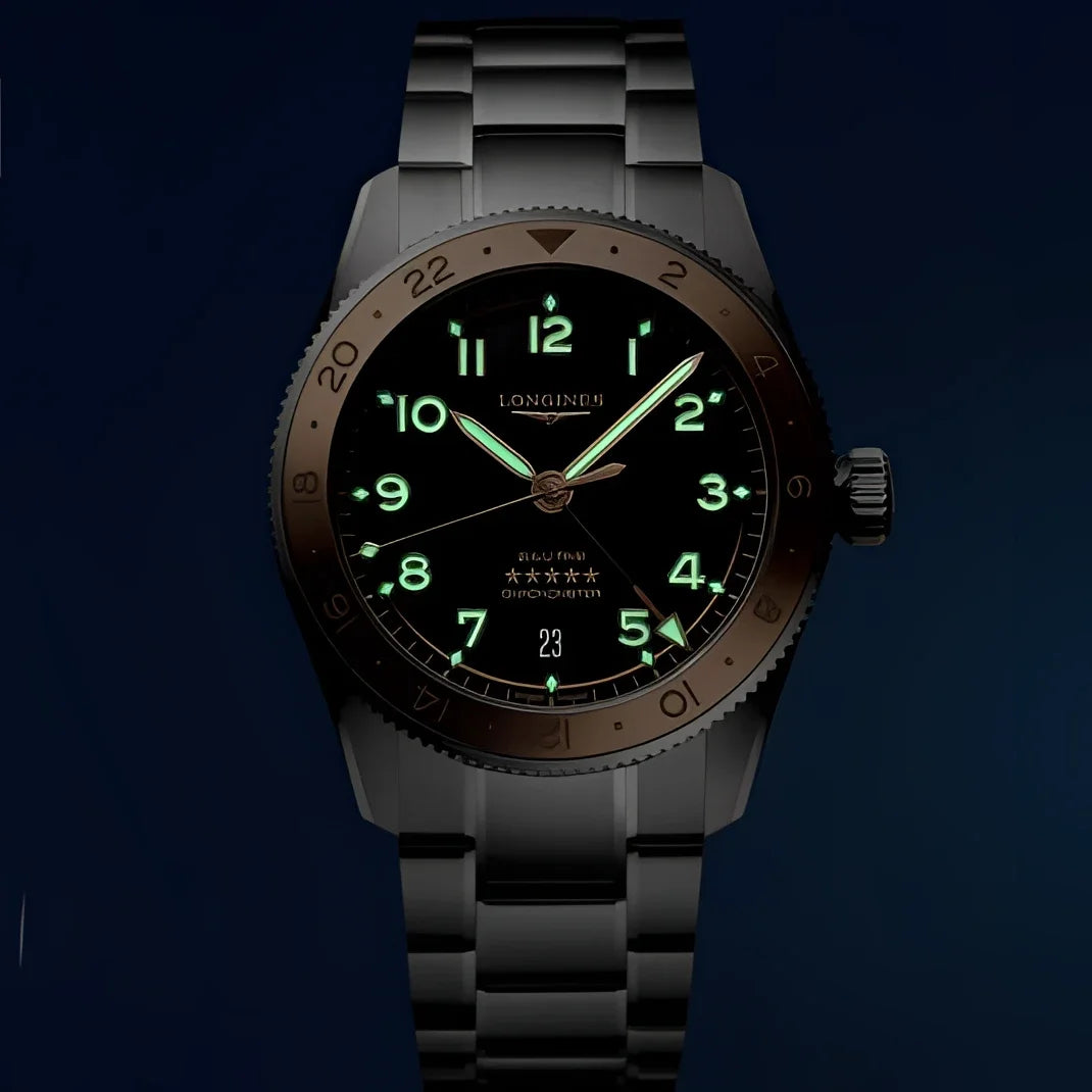 Longines orologio spirit zulu time 39mm nero automatico con quadrante nero e indici luminosi verdi in acciaio oro