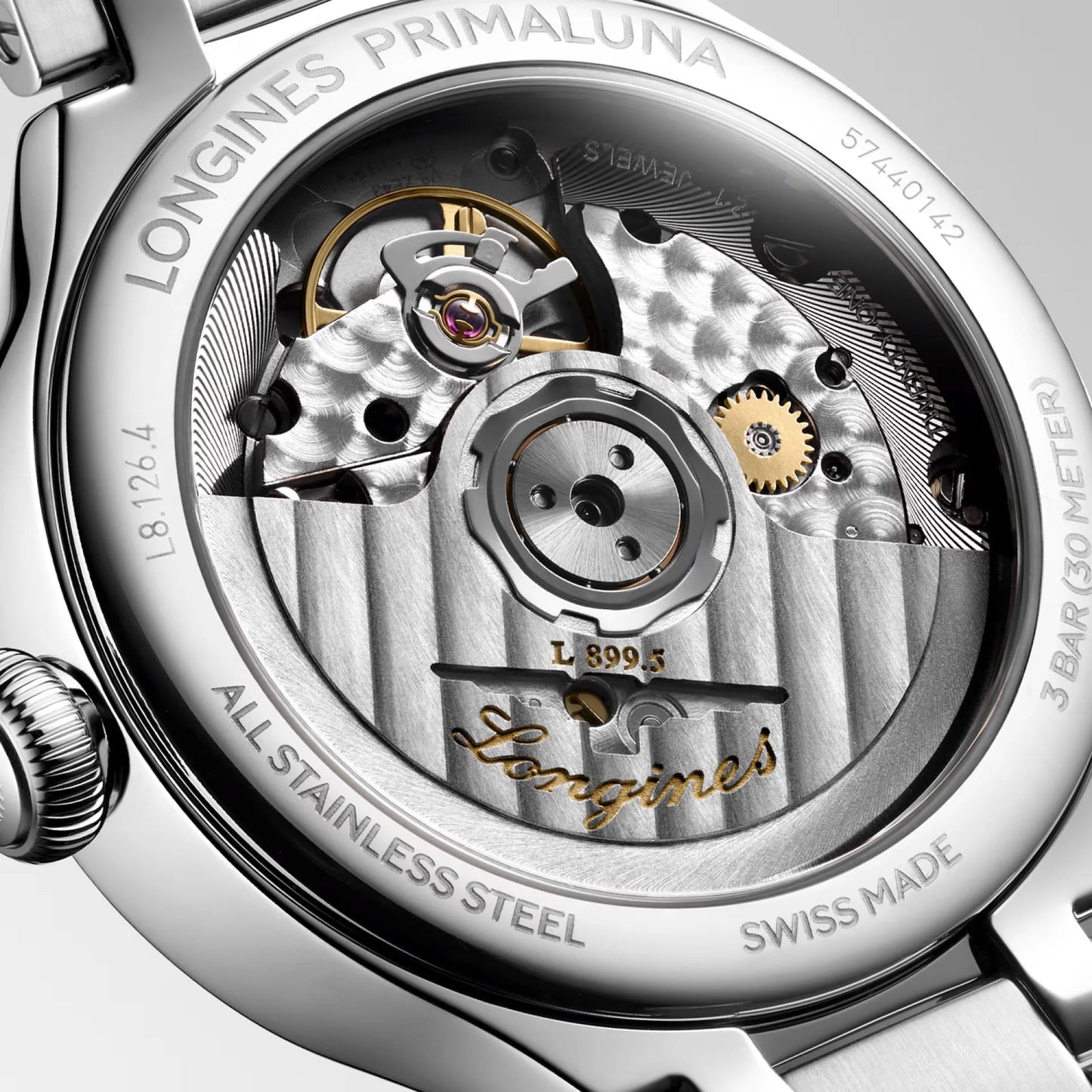 Longines Primaluna 34mm automatic watch with visible mechanical movement, polished silver steel case