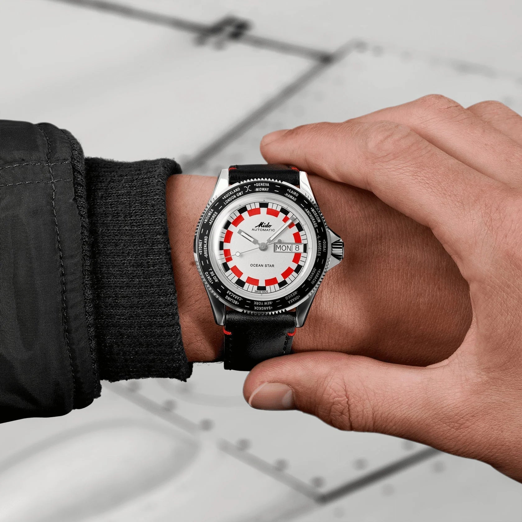 Mido Ocean Star Worldtimer Automatic Silver Watch with Red and Black Dial and Black Leather Strap