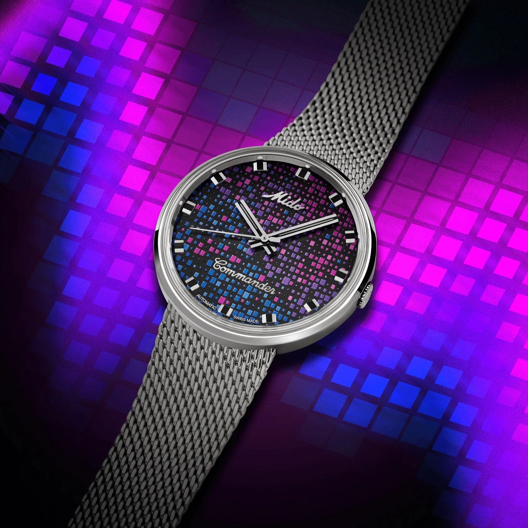 Mido Commander 1959 37mm Black Automatic Steel Watch with Blue and Pink Pixel Dial and White Hands