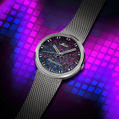 Mido Commander 1959 37mm Black Automatic Steel Watch with Blue and Pink Pixel Dial and White Hands