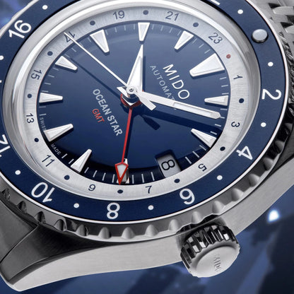 Mido Ocean Star GMT 40mm blue watch with GMT function and steel case from the Ocean Star collection