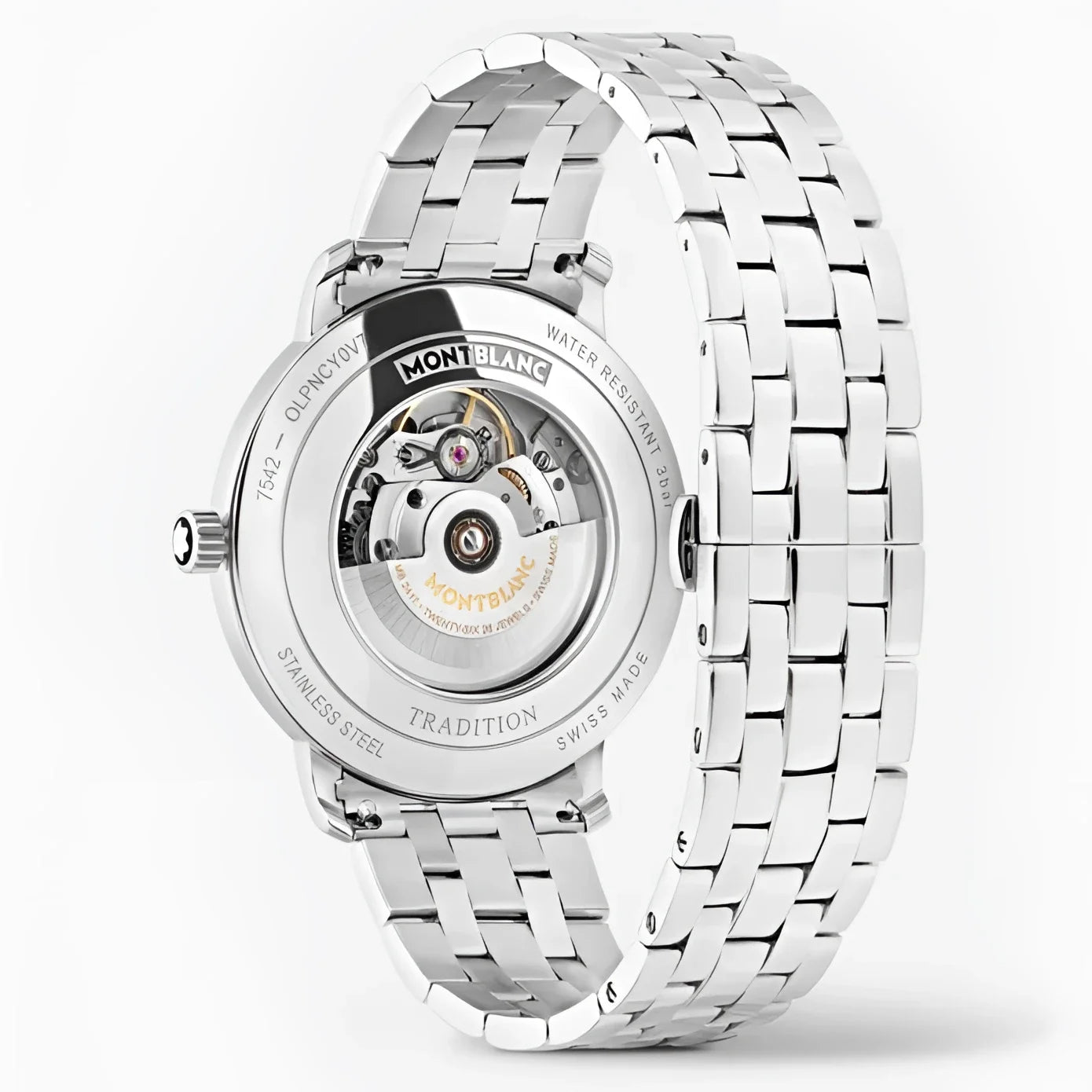 Montblanc tradition automatic with grey dial and double steel bezel with visible mechanical movement