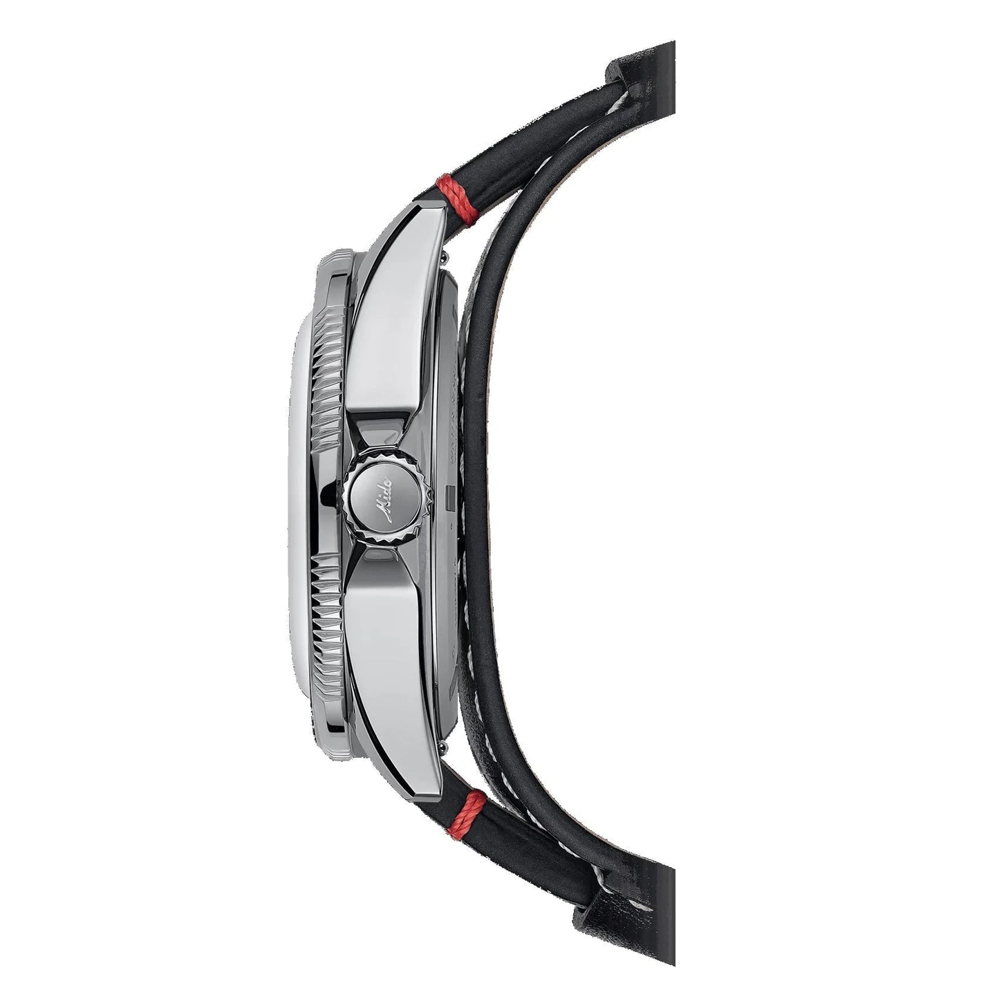 Mido Ocean Star Worldtimer 40mm Silver Automatic Watch with Black Leather Strap and Red Stitching