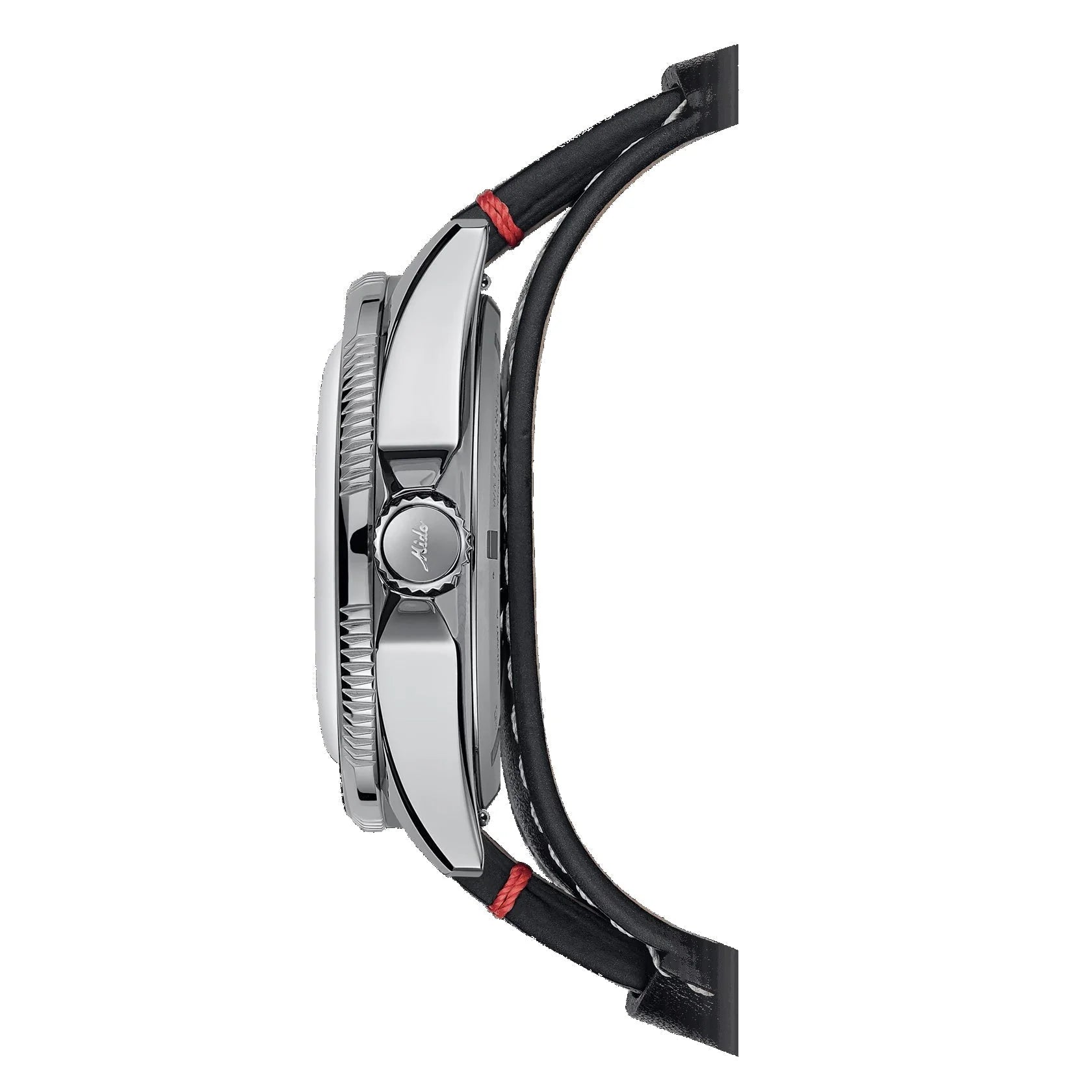 Mido Ocean Star Worldtimer 40mm Silver Automatic Watch with Black Leather Strap and Red Stitching