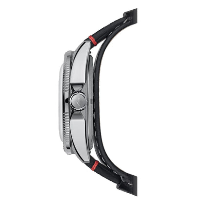 Mido Ocean Star Worldtimer 40mm Silver Automatic Watch with Black Leather Strap and Red Stitching