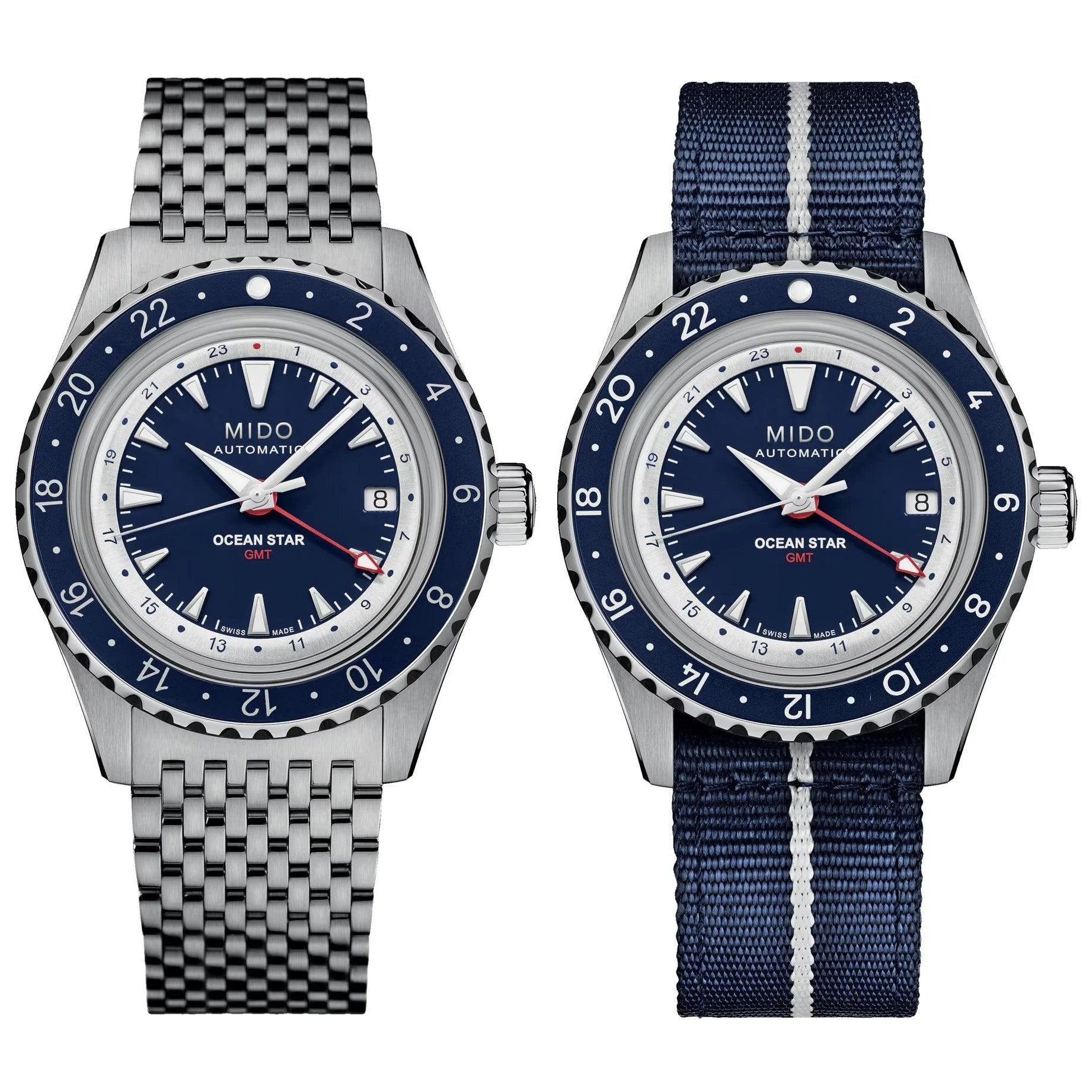 Two Mido Ocean Star GMT special edition watches with GMT function, steel and blue fabric strap with white stripes