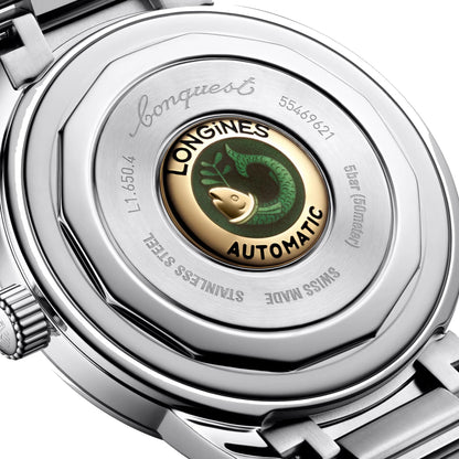 L orologio longines heritage 40mm nero acciaio automatico con cassa e bracciale in materiale acciaio inossidabile protetto dall’ufficio federale mostra il retro con emblema inciso di pesce verde