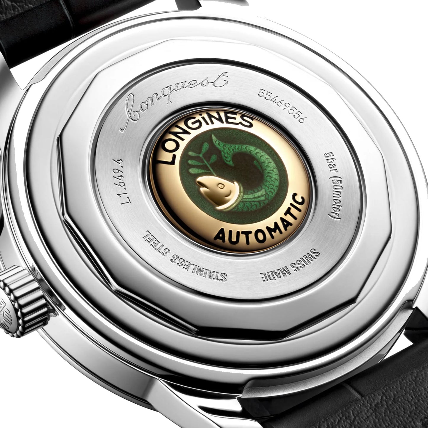 Back of Longines Conquest Heritage 38mm blue automatic steel watch with green and gold fish emblem protected by the Swiss Federal Office