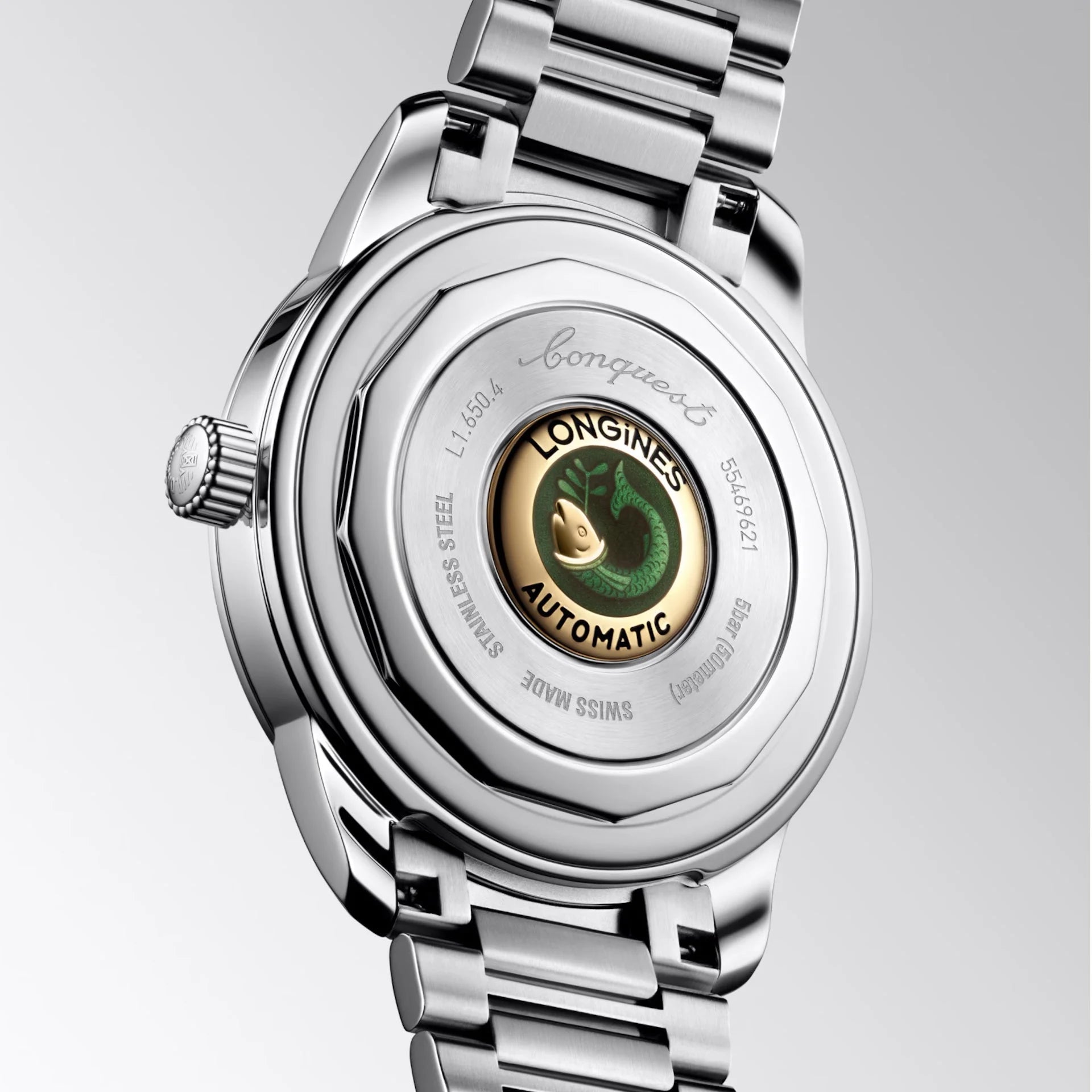 Longines orologio heritage 40mm nero acciaio automatico con bracciale in materiale acciaio inossidabile e emblema verde sul retro protetto dall’ufficio federale svizzero