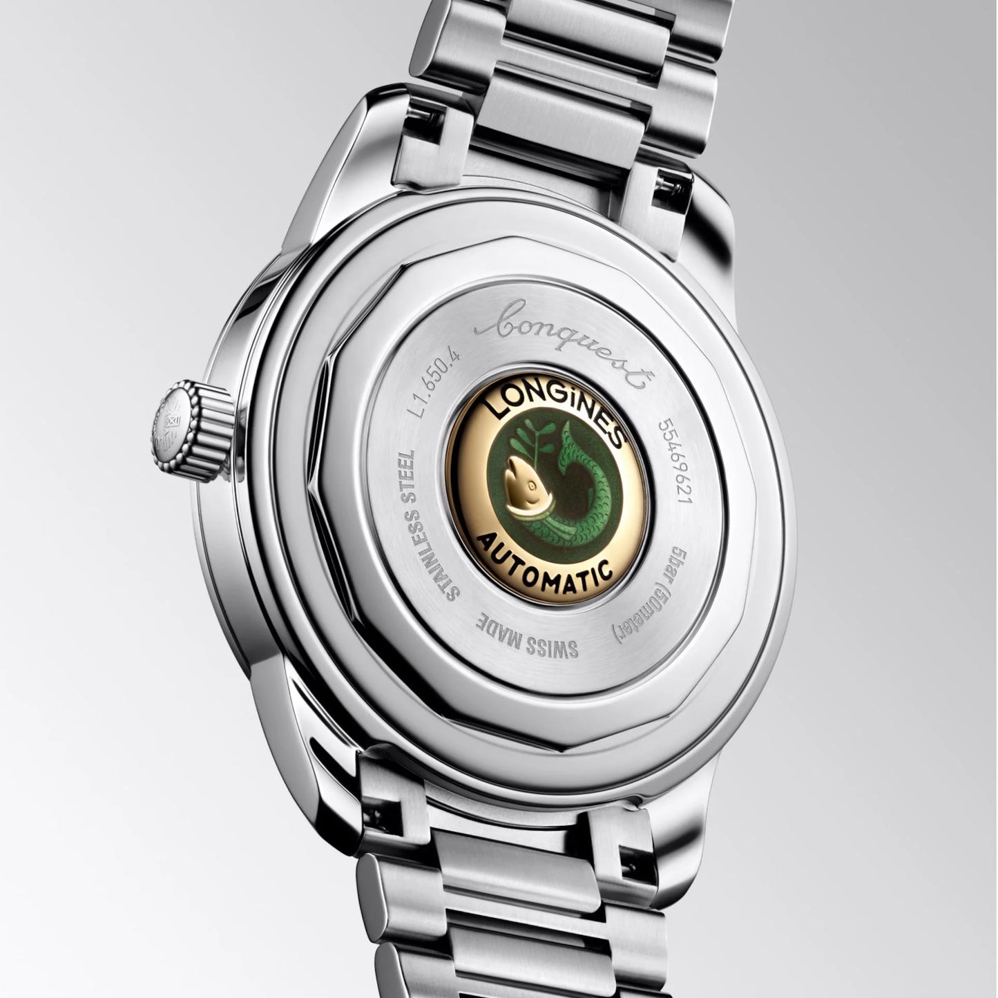 Longines Conquest Heritage 40mm Blue Automatic Stainless Steel Watch with Green Fish Emblem on the Back Protected by the Swiss Federal Office