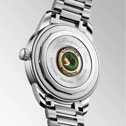 Longines Conquest Heritage 40mm Blue Automatic Stainless Steel Watch with Green Fish Emblem on the Back Protected by the Swiss Federal Office