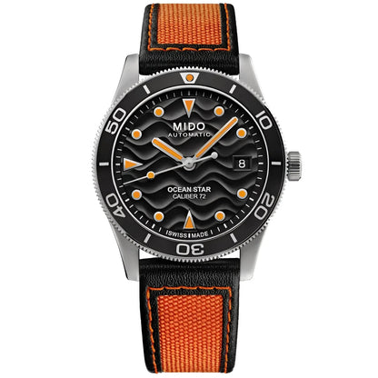Orologio automatico mido orologio ocean star 39 mm con quadrante nero a onde e cinturino in tessuto nero arancione