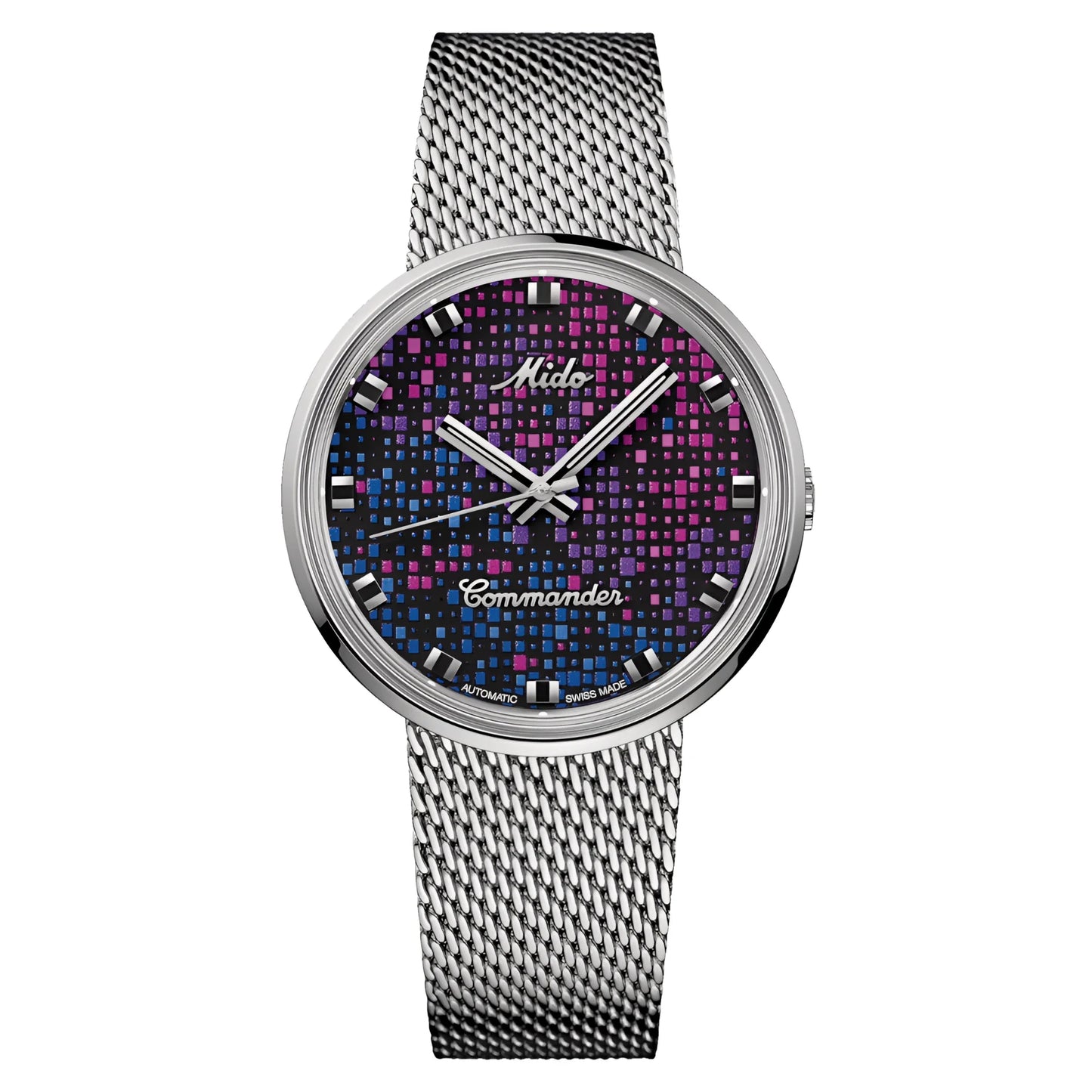 Mido Commander 1959 37mm Black Automatic Steel Watch with Silver Mesh Strap and Vibrant Pixel Dial