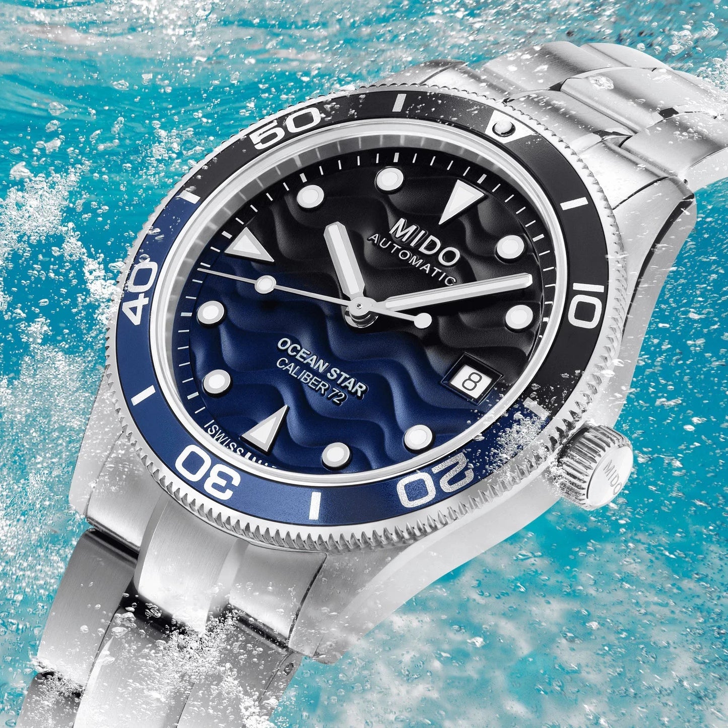 Mido Ocean Star 39mm Blue Automatic Steel Watch with Blue Wave Dial and Black Bezel