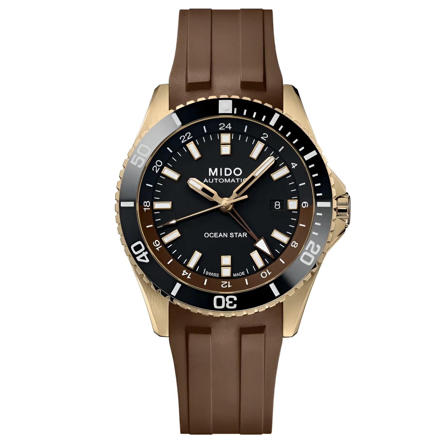 Mido Ocean Star automatic watch with GMT function, black dial, white indexes and brown rubber strap