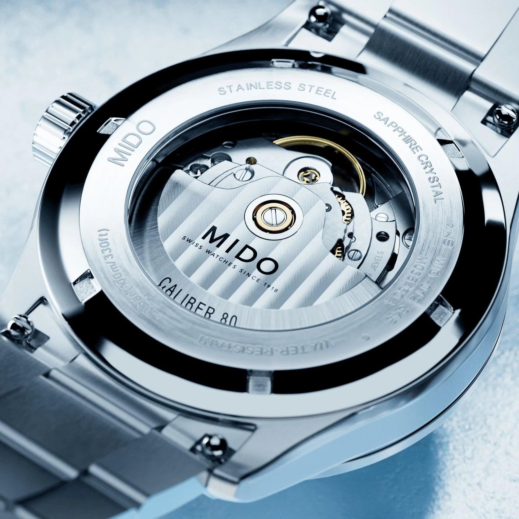 Mido multifort m freeze 42mm turquoise automatic steel with vertical satin finish and exposed c�tes de gen�ve movement