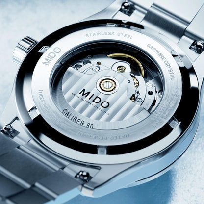 Mido multifort m freeze 42mm turquoise automatic steel with vertical satin finish and exposed c�tes de gen�ve movement
