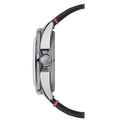 Mido Ocean Star Worldtimer 40mm Silver Automatic Watch with Black Rubber Strap and Red Stitching
