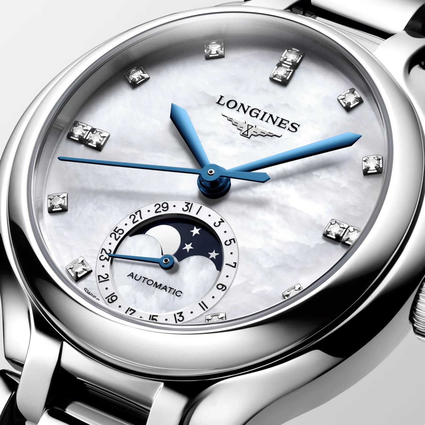 Longines Primaluna 34mm automatic steel watch with mother-of-pearl dial, blue hands and diamonds, Longines Primaluna collection