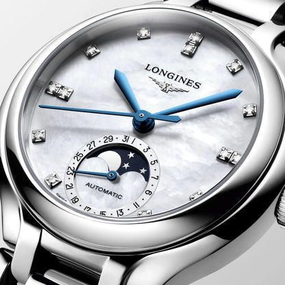 Longines Primaluna 34mm automatic steel watch with mother-of-pearl dial, blue hands and diamonds, Longines Primaluna collection