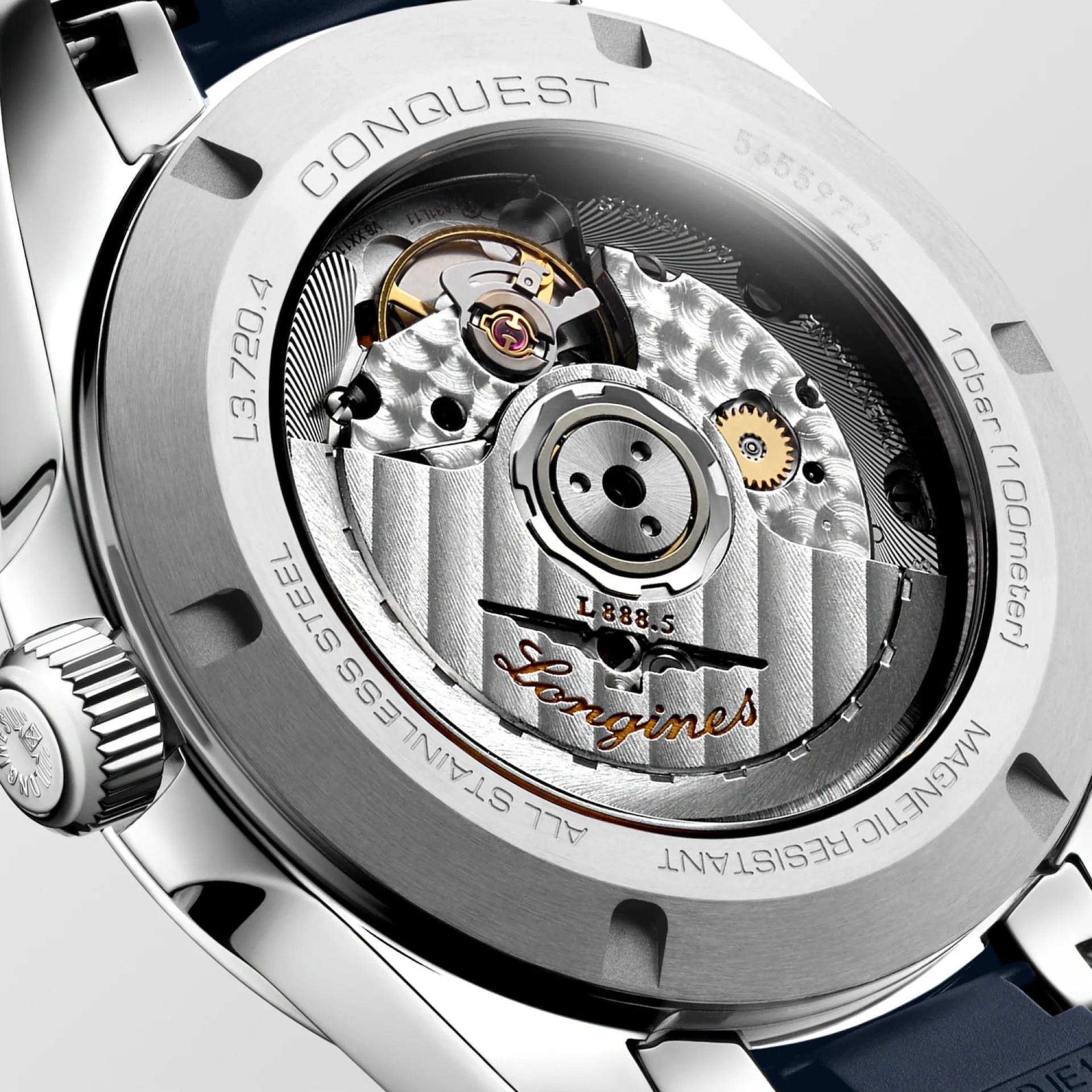Longines Conquest 38mm blue automatic watch with steel case and visible mechanical movement protected by the Swiss Federal Office