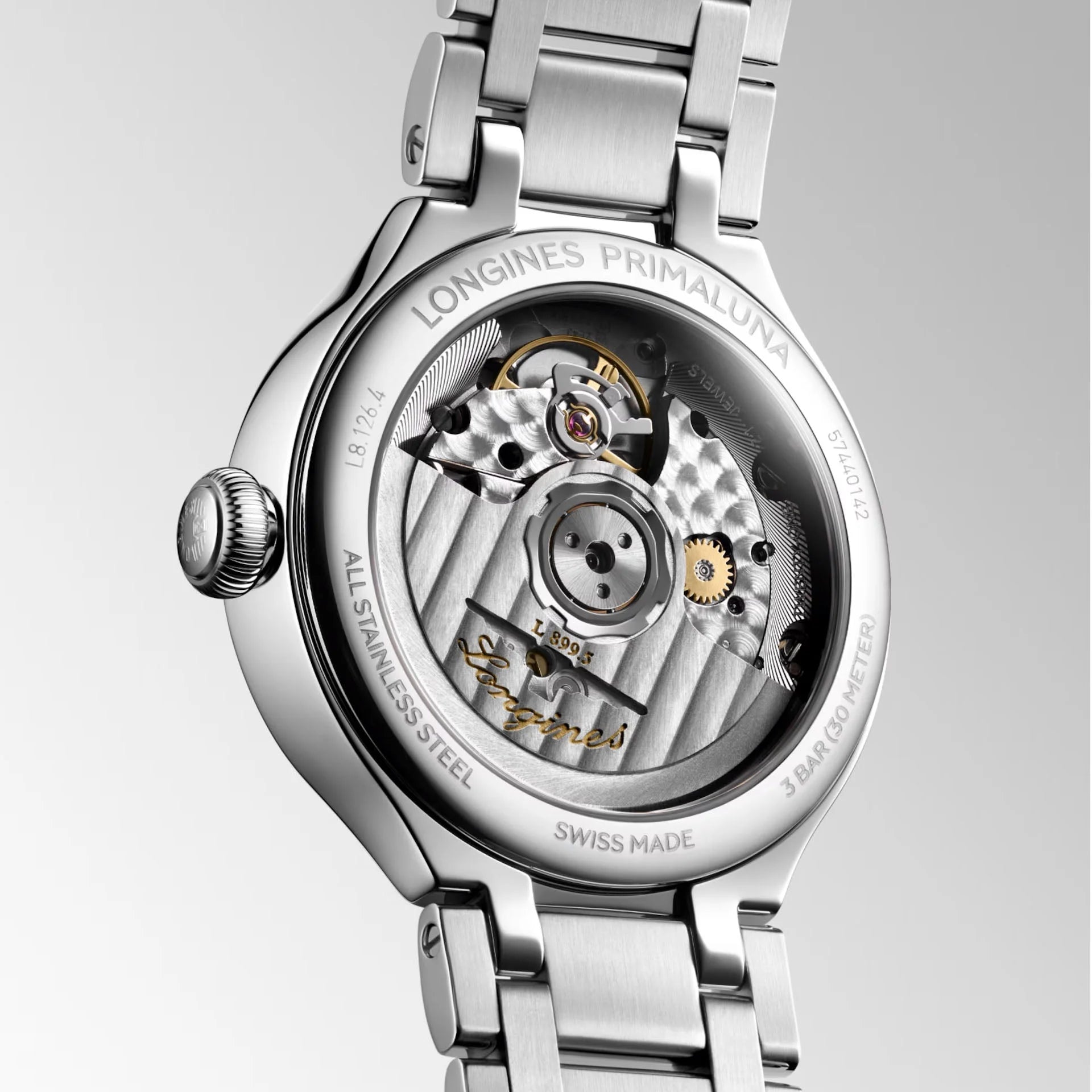 Longines Primaluna 34mm steel watch with exposed mechanical movement and polished links, Primaluna collection