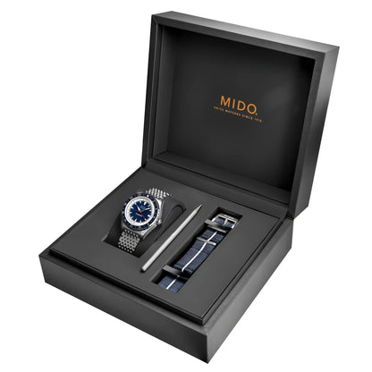 Mido Ocean Star GMT Special Edition Watch with Blue Dial and Mesh Steel Bracelet in Black Gift Box