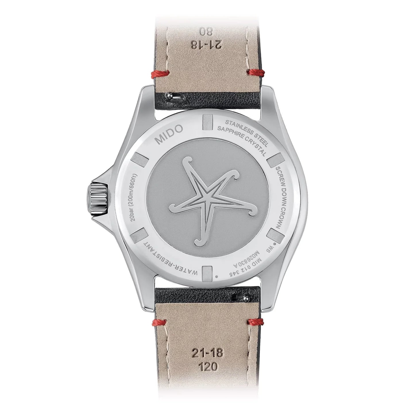 Mido Ocean Star Worldtimer automatic silver watch with beige leather strap and red stitching