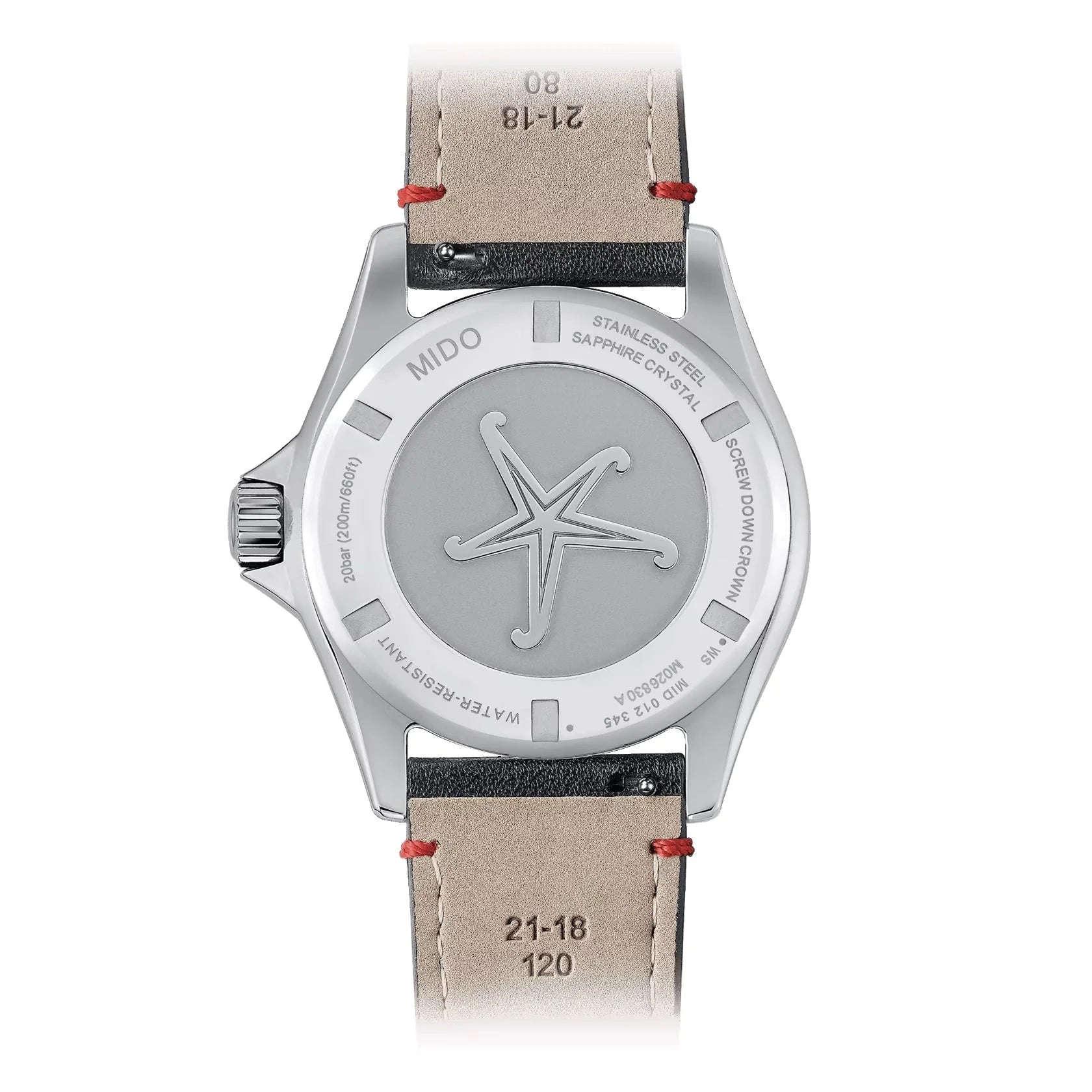 Mido Ocean Star Worldtimer automatic silver watch with beige leather strap and red stitching