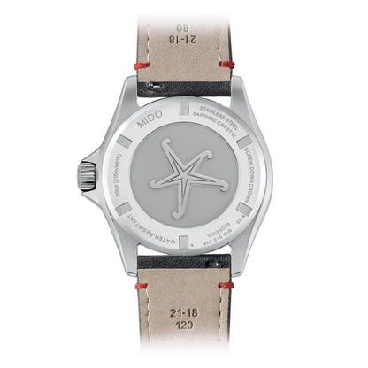 Mido Ocean Star Worldtimer automatic silver watch with beige leather strap and red stitching