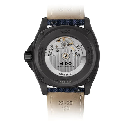 Mido Multifort TV Big Date 39x40mm Blue Automatic Watch in Black PVD Steel with Navy Blue and Beige Leather Strap