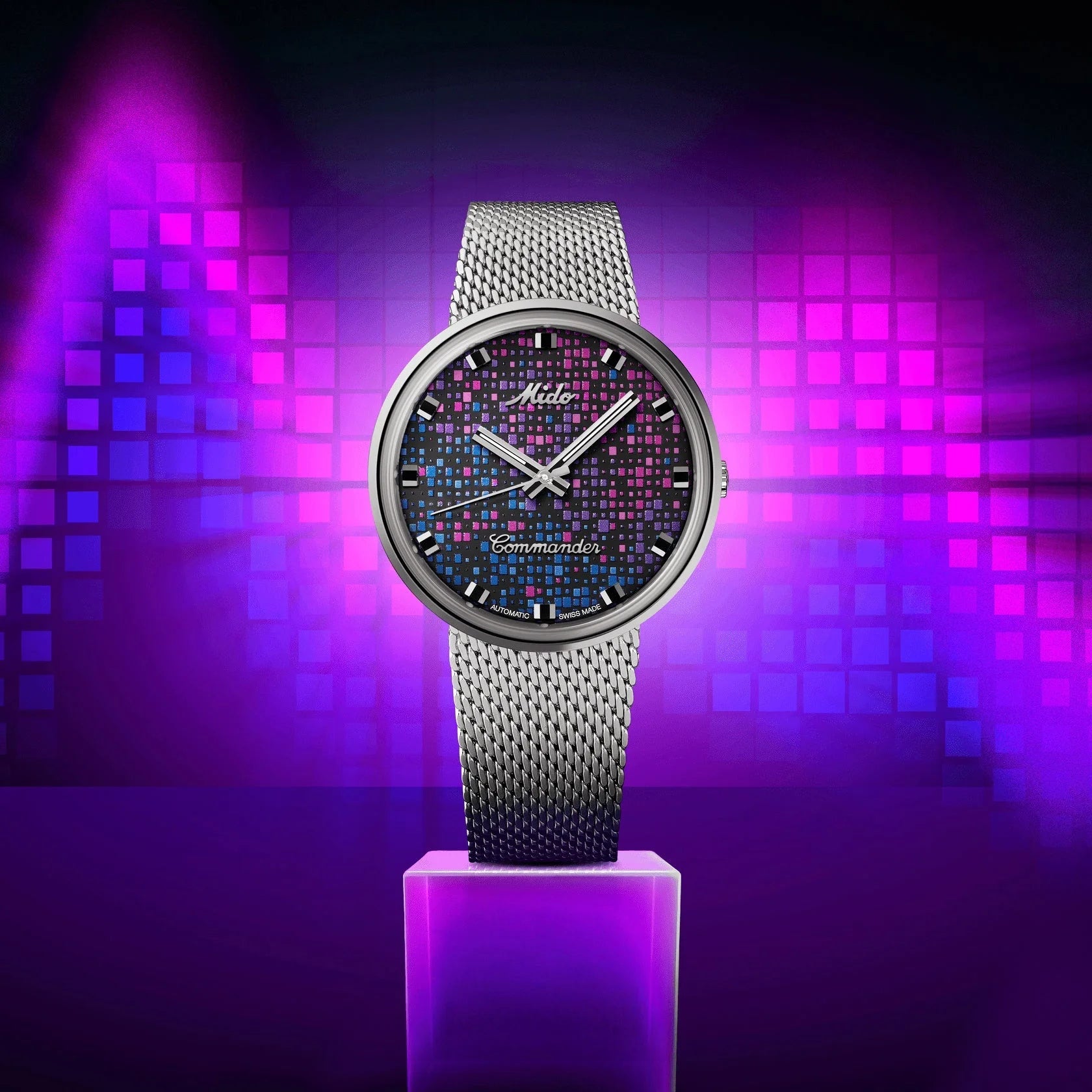 Mido Commander 1959 37mm Black Automatic Steel Watch with Mesh Bracelet and Blue and Purple Pixel Dial