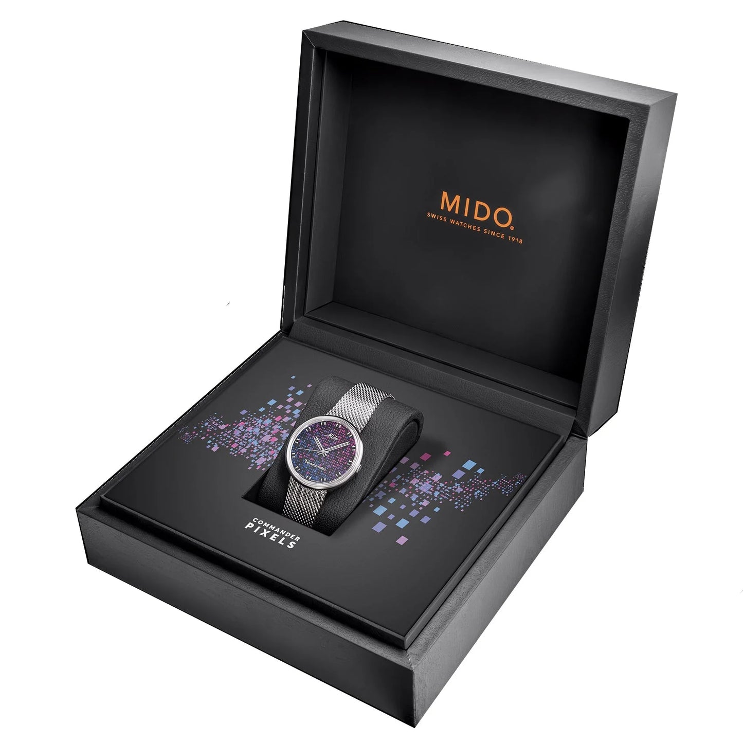 Mido Commander 1959 37mm Black Automatic Steel Watch with Silver Mesh Strap and Purple and Blue Pixel Dial