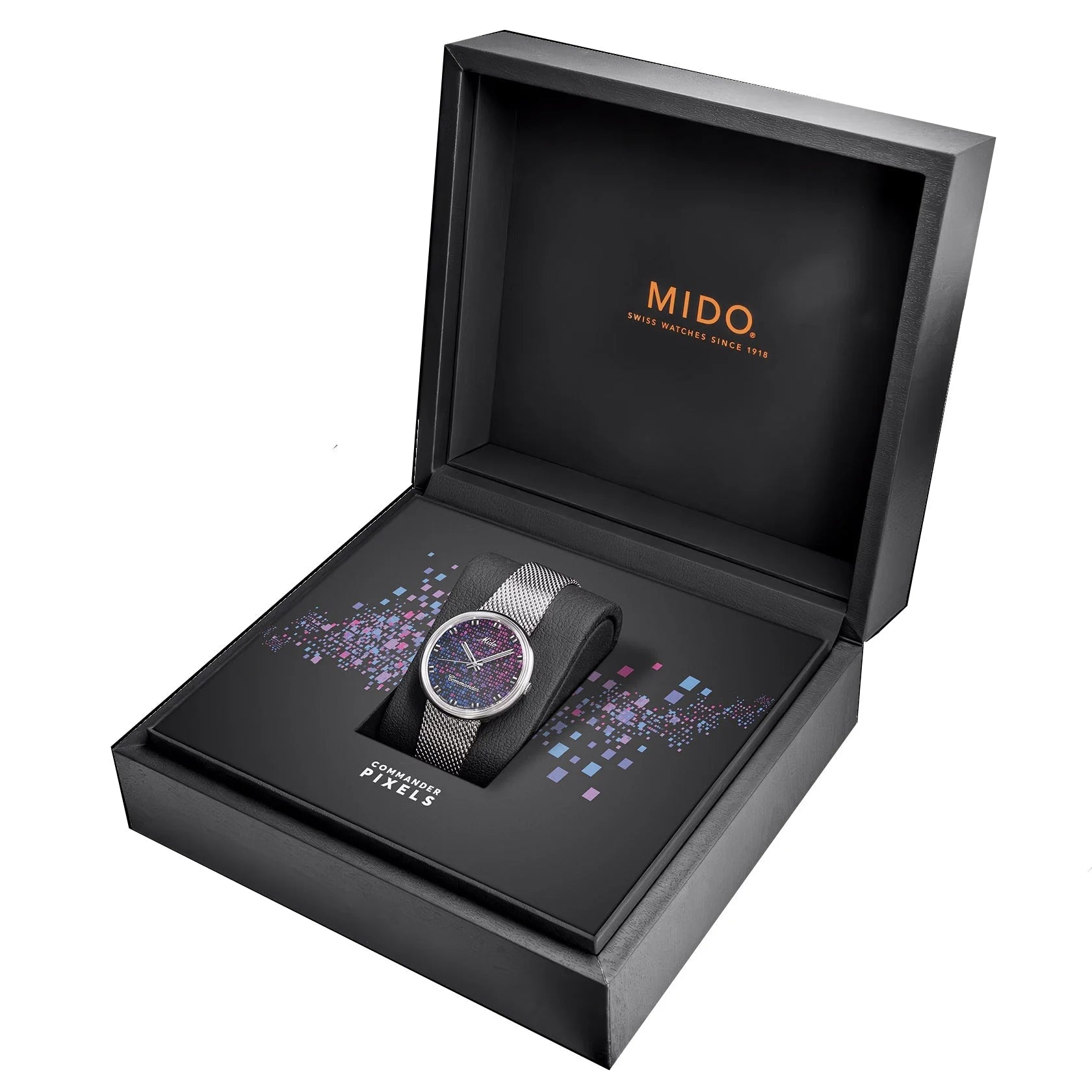 Mido Commander 1959 37mm Black Automatic Steel Watch with Silver Mesh Strap and Purple and Blue Pixel Dial