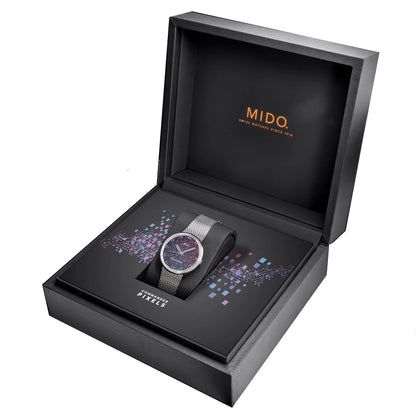 Mido Commander 1959 37mm Black Automatic Steel Watch with Silver Mesh Strap and Purple and Blue Pixel Dial