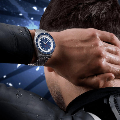 Mido Ocean Star 40mm blue GMT watch with mesh steel bracelet from the Ocean Star collection